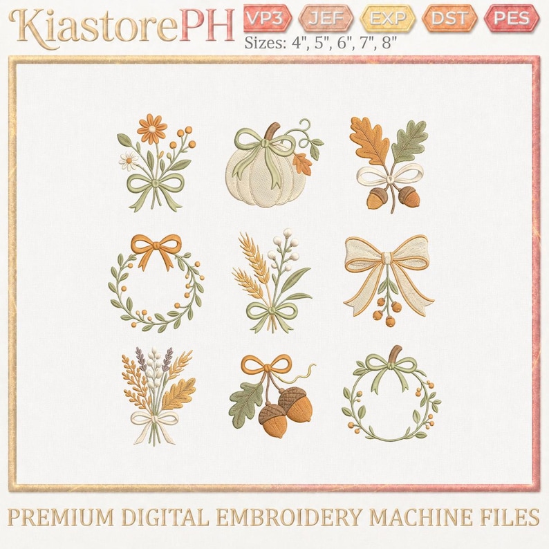 Broderipaket med höstrosé, maskinbroderidesigner med höstblommig pumpa och ekollon, digitala filer, DST PES JEF exp vp3 bild 1