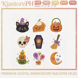 Könnte beinhalten: Ein digitales Stickmuster-Set von KiastorePH mit neun Halloween-Motiven: eine schwarze Katze mit lila Hut, Kürbiskuchen, Kürbiskorb, Totenkopf mit Blume, Sarg mit Blume, Besen, gestapelte Kürbisse, Geisterballons und ein Mond mit einem Geist.