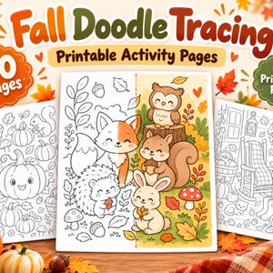 Op de afbeelding: Een set van 50 printbare activiteitenpagina's getiteld Fall Doodle Tracing. De pagina's bevatten zwart-wit lijntekeningen van pompoenen, eekhoorns, uilen, vossen, egels en konijnen, met één centrale pagina die een gedeeltelijk ingekleurd bos toont.