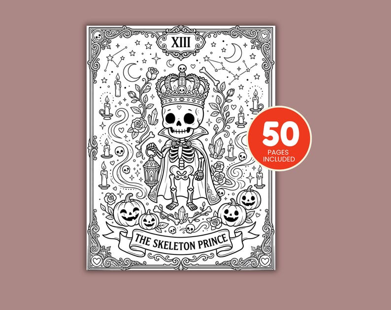 Cute witchy tarot coloring book for adults and teens with gothic kawaii Halloween illustrations, instant digital download PDF.