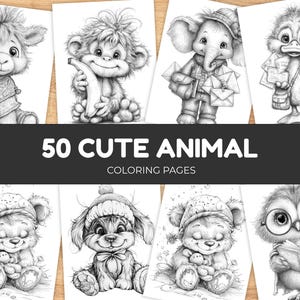 Könnte beinhalten: Eine Sammlung von 50 niedlichen Tier-Malvorlagen. Die Seiten zeigen entzückende Illustrationen verschiedener Tiere, darunter ein Lama, ein Affe, ein Elefant, eine Ente, ein Bär, ein Hund und eine Eule. Der Text "50 Cute Animal Coloring Pages" ist zu sehen.