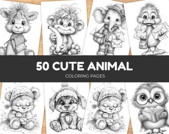 May include: A collection of 50 cute animal coloring pages. The pages feature adorable illustrations of various animals, including a llama, monkey, elephant, duck, bear, dog, and owl. The text "50 Cute Animal Coloring Pages" is displayed prominently.