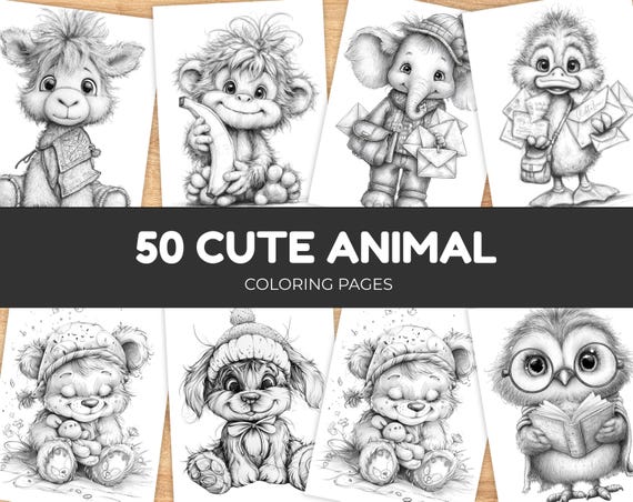 Cute Animals Coloring Book Printable, Grayscale Coloring Pages, Kids & Adults Coloring Book, Instant Download PDF, Relaxing Art Activity