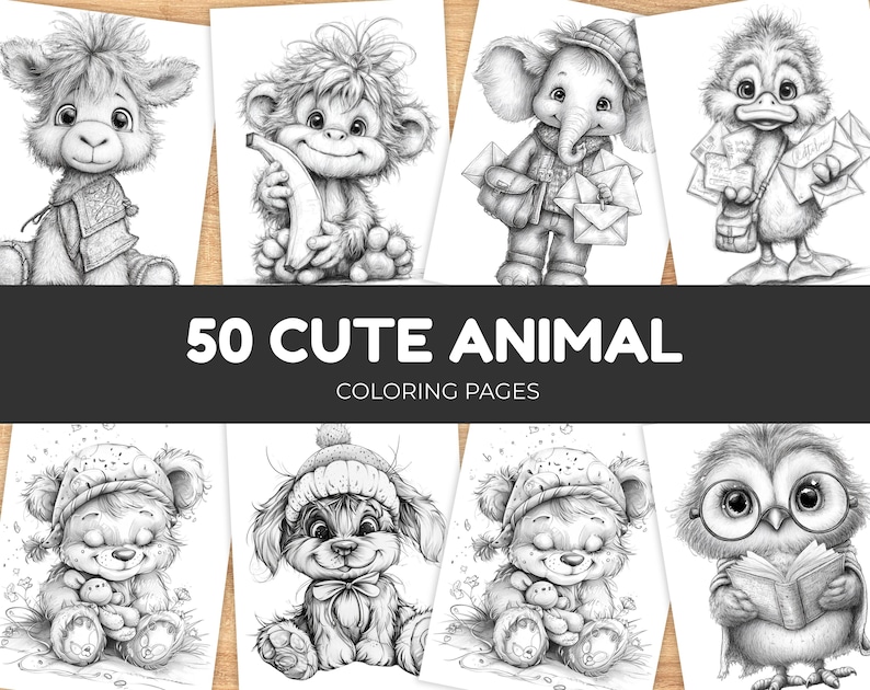 50 Cute Animal Grayscale Coloring Pages Printable PDF, adorable baby animal coloring book, detailed grayscale illustrations for kids, teens, adults, homeschool, classroom, instant download.