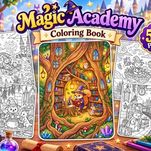 Op de afbeelding: Een Magic Academy kleurboek met 50 pagina's met een centrale gekleurde illustratie van een eekhoorn in een boombibliotheek, omringd door vier zwart-wit lijntekeningen met magische scènes, tovenaars, drankjes en treinen.