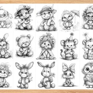 Printable cute animal grayscale coloring book with highly detailed baby animal illustrations, perfect for colored pencils, markers, and crayons, relaxing activity for children, adults, homeschool, and classrooms.