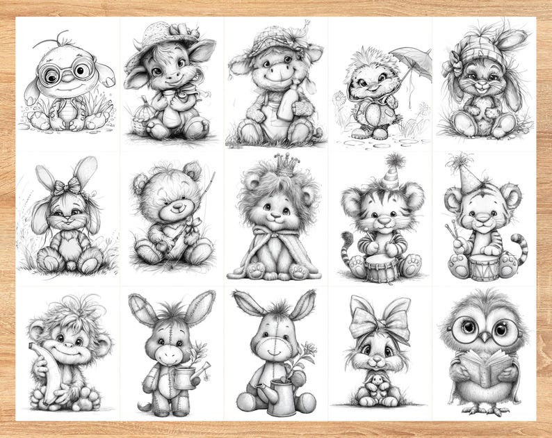 Printable cute animal grayscale coloring book with highly detailed baby animal illustrations, perfect for colored pencils, markers, and crayons, relaxing activity for children, adults, homeschool, and classrooms.
