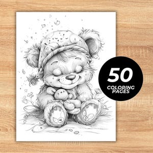 Adorable grayscale animal coloring book printable with 50 unique hand-drawn style illustrations featuring cute woodland creatures, jungle animals, pets, and farm animals for kids and adults, instant download.