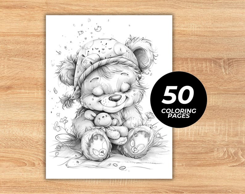 Adorable grayscale animal coloring book printable with 50 unique hand-drawn style illustrations featuring cute woodland creatures, jungle animals, pets, and farm animals for kids and adults, instant download.