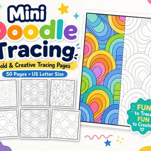 Puede incluir: Un libro de caligrafía Mini Doodle Tracing de 50 páginas en tamaño carta de EE. UU. La portada muestra el texto Mini Doodle Tracing, Bold & Creative Tracing Pages y Fun to Trace, FUN to Create! Incluye seis cuadrados de patrones y una página arcoíris.