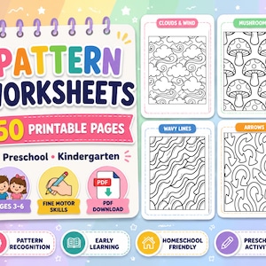 May include: A set of 50 printable pattern worksheets for preschool and kindergarten children. The cover features the text Pattern Worksheets, 50 Printable Pages, and icons for fine motor skills and PDF download, alongside four sample pattern pages.