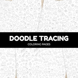 Könnte beinhalten: Vier Malvorlagen mit weißen Hintergründen und schwarzen Kritzeldesigns. Die Kritzeleien umfassen Cupcakes, Donuts und Schmetterlinge. Der Text "DOODLE TRACING COLORING PAGES" befindet sich in einem schwarzen Rechteck.