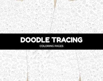 May include: Four coloring pages with a white background and black doodle designs. The doodles include various objects such as cupcakes, donuts, and butterflies. The text "DOODLE TRACING COLORING PAGES" is in a black rectangle.