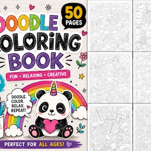 May include: A doodle coloring book with 50 pages in US letter size. The cover features a panda with a unicorn horn holding a pink heart, a rainbow, and a cup of colored pencils. The text reads Doodle Coloring Book, Fun, Relaxing, Creative, and Doodle. Color. Relax. Repeat.