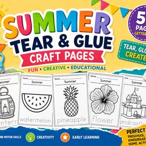 Może przedstawiać: Książka z pracami plastycznymi Summer Tear & Glue zawierająca 50 stron w formacie letter. Okładka zawiera kolorowy tekst, słońce, niebieskie nożyczki i butelkę kleju. Pięć przykładowych stron przedstawia czarno-białe kontury latarni, arbuza, ananasa, kwiatu i zamku z piasku.