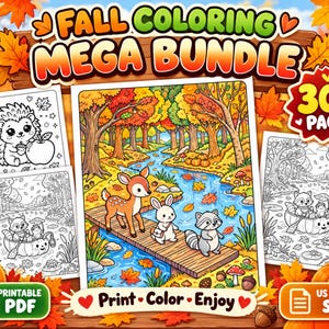 Fall Coloring Mega Bundle | 300 Cozy Autumn Coloring Pages, Woodland Animals, Pumpkin Cottages And Forest Scenes | Kids & Adults PDF