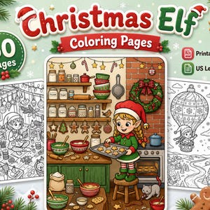 Peut inclure: Une collection numérique de 50 pages de coloriage de lutin de Noël au format PDF imprimable, taille US Letter. L'image centrale montre un lutin de dessin animé cuisinant des biscuits en forme d'étoile dans une cuisine avec des bocaux.