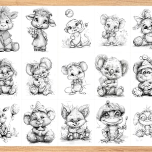 50 cute animal grayscale coloring pages printable featuring baby bears, rabbits, puppies, kittens, foxes, owls, and woodland animals with beautiful grayscale shading, instant PDF download for creative coloring fun.