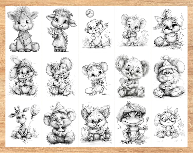 50 cute animal grayscale coloring pages printable featuring baby bears, rabbits, puppies, kittens, foxes, owls, and woodland animals with beautiful grayscale shading, instant PDF download for creative coloring fun.