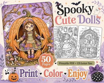 May include: A digital coloring book titled Spooky Cute Dolls featuring 50 pages of illustrations. The cover displays a doll with button eyes inside a large pumpkin, alongside two black and white line art pages and text reading Print Color Enjoy.