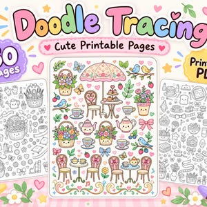 Może przedstawiać: Cyfrowa kolekcja 50 stron do odrysowywania doodle z uroczymi projektami do druku w formacie PDF. Zestaw zawiera czarno-białe arkusze z grafiką liniową oraz kolorową stronę referencyjną z ilustracjami kwiatów, zestawów do herbaty i mebli.