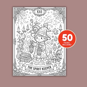 May include: A black and white coloring page titled THE SPIRIT KEEPER featuring a wizard character holding a lantern, surrounded by ghosts, books, mushrooms, and crystals. The design includes a decorative border with spiderwebs and bats, with a red circular badge stating 50 PAGES INCLUDED.