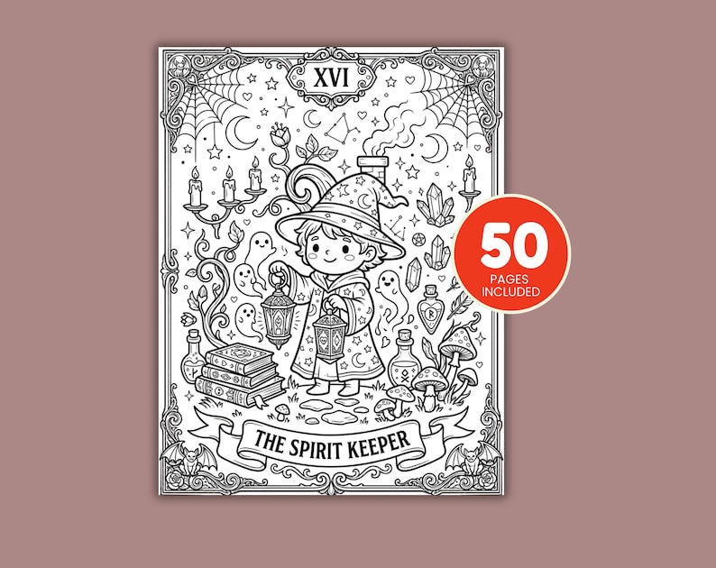 May include: A black and white coloring page titled THE SPIRIT KEEPER featuring a wizard character holding a lantern, surrounded by ghosts, books, mushrooms, and crystals. The design includes a decorative border with spiderwebs and bats, with a red circular badge stating 50 PAGES INCLUDED.