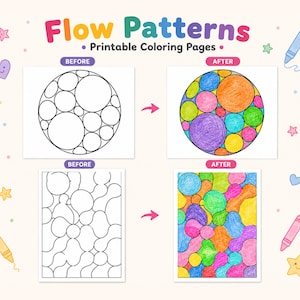 Pode incluir: Flow Patterns Printable Coloring Pages com dois conjuntos de imagens de antes e depois. O topo mostra um design circular de círculos de vários tamanhos, e a parte inferior mostra um design abstrato de formas orgânicas, coloridos com lápis.