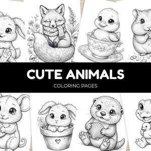 May include: Black and white line art of various cute animals, including a bunny, fox, duckling, hamster, mouse, bunny in a pot, otter, and alligator. The text "CUTE ANIMALS COLORING PAGES" is displayed in white on a black banner.