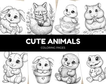 May include: Black and white line art of various cute animals, including a bunny, fox, duckling, hamster, mouse, bunny in a pot, otter, and alligator. The text "CUTE ANIMALS COLORING PAGES" is displayed in white on a black banner.