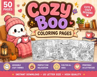 May include: A digital coloring book cover titled Cozy Boo Coloring Pages featuring 50 pages. The illustration shows a white ghost character in a pink beanie and blanket sitting in a brown armchair holding a pink mug with a heart. Five black and white coloring page samples are displayed below the title, alongside icons for themes, relaxation, and US letter size.