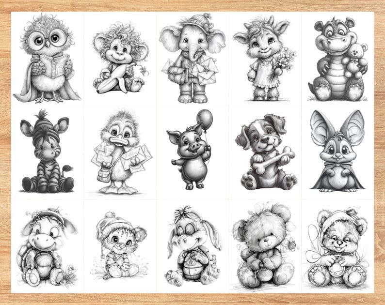 Cute baby animal grayscale coloring pages printable PDF including realistic shaded wildlife, farm animals, forest animals, and pets, ideal for stress relief, creativity, homeschooling, and educational activities.