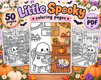 May include: A digital collection of 50 Little Spooky coloring pages in a printable PDF format. The cover features three illustrations of cute characters in cafe and library settings, with text reading Little Spooky coloring pages.