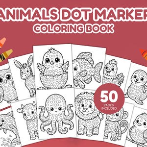 Puede incluir: Un libro para colorear titulado "ANIMALS DOT MARKER COLORING BOOK" con ilustraciones de varios animales, incluyendo un búho, un burro, un pez y un león. El libro incluye 50 páginas y está acompañado de crayones.