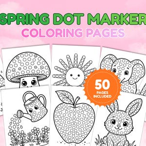 Op de afbeelding: Spring dot marker kleurplaten met illustraties van een paraplu, paddenstoel, zon, gieter, appel, olifant, regenboog en konijn. De set bevat 50 pagina's met dot marker kleuractiviteiten.