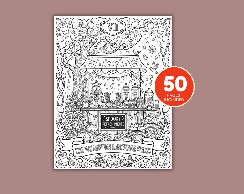 Cute witchy tarot coloring book for adults and teens with gothic kawaii Halloween illustrations, instant digital download PDF.