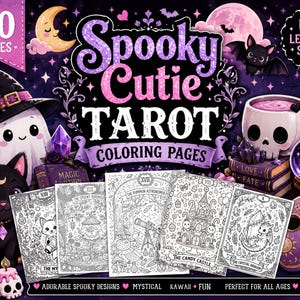 Spooky Cutie Tarot Coloring Book printable PDF featuring cute Halloween tarot cards with magical animals, ghosts, pumpkins, and witchy illustrations.