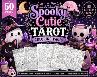 May include: A digital coloring book titled Spooky Cutie Tarot Coloring Pages featuring 50 pages in US letter size. The cover displays a ghost in a witch hat, a black cat, a skull mug, and five black and white tarot card illustrations.