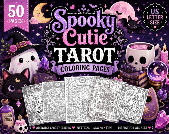 Spooky Cutie Tarot Coloring Book Printable PDF | 50 Cute Halloween Tarot Coloring Pages | Witchy Kawaii Gothic Coloring Book