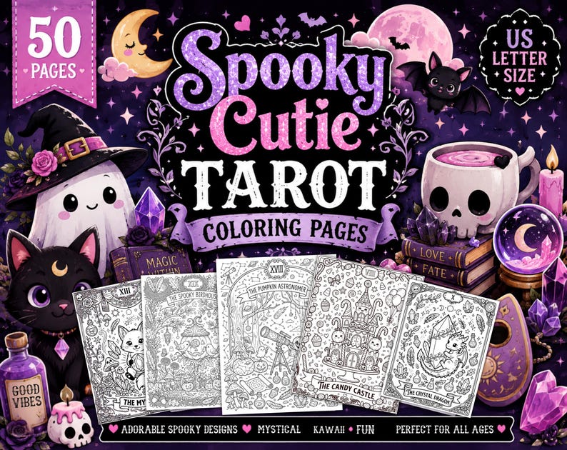 Spooky Cutie Tarot Coloring Book printable PDF featuring cute Halloween tarot cards with magical animals, ghosts, pumpkins, and witchy illustrations.