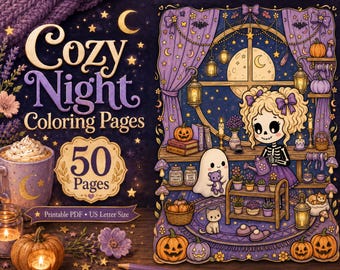May include: A digital coloring book cover titled Cozy Night Coloring Pages with 50 Pages. The illustration features a skeleton character, a ghost, pumpkins, lanterns, and a mug of hot cocoa in a purple and gold color palette with stars.