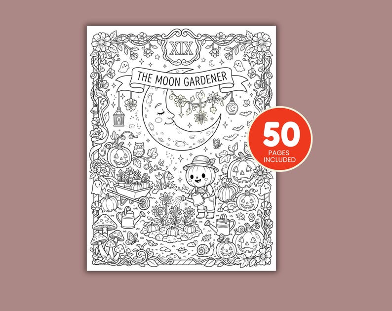 Digital spooky coloring book printable with adorable tarot cards, cozy Halloween aesthetic, gothic cute illustrations, and bold line art.