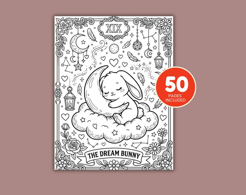 Kawaii Halloween coloring book with tarot-inspired artwork, cute witches, ghosts, bats, pumpkins, crystals, and enchanting mystical scenes.