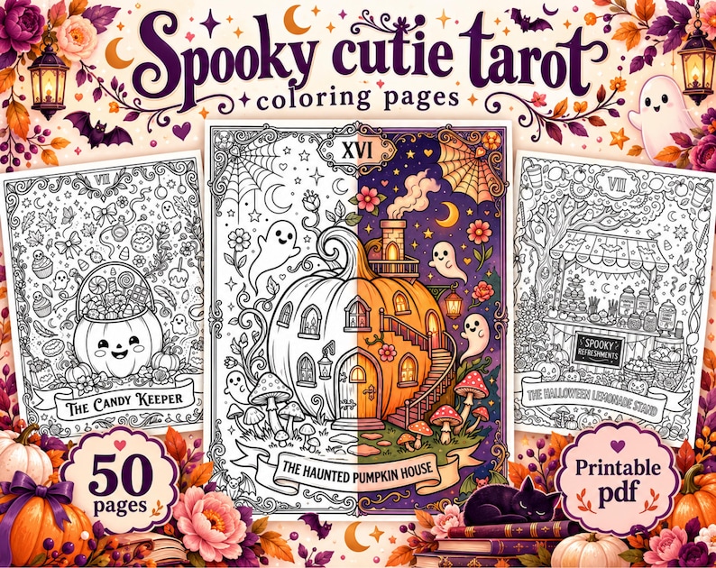 Spooky Cutie Tarot Coloring Book | 50 Halloween Tarot Pages (Digital Download)