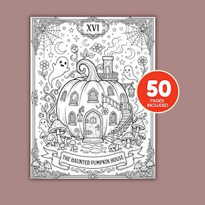 50 printable spooky tarot coloring pages featuring adorable magical animals, celestial symbols, Halloween decorations, and cozy witchcore art.
