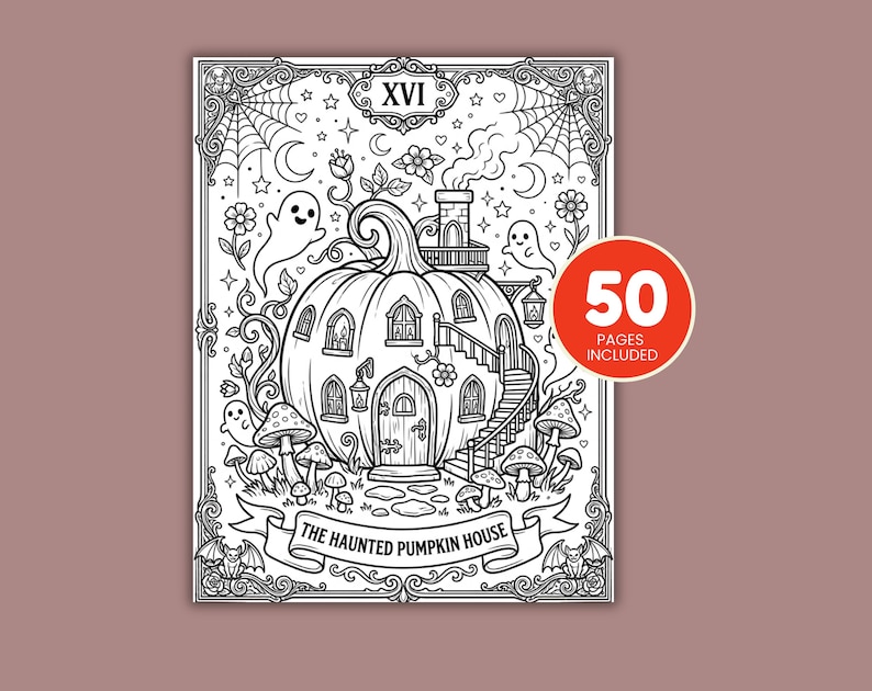 50 printable spooky tarot coloring pages featuring adorable magical animals, celestial symbols, Halloween decorations, and cozy witchcore art.