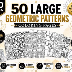 May include: A collection of 50 large geometric pattern coloring pages in US letter size 8.5 x 11 inches. The black and white designs feature various intricate shapes, including fans, chains, and circles, presented as printable PDF files.