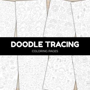 Puede incluir: Una colección de ocho páginas para colorear blancas con patrones de arte lineal negro de animales de granja, objetos mágicos, temas espaciales, personajes de Halloween, dinosaurios y sirenas, con el texto DOODLE TRACING COLORING PAGES.
