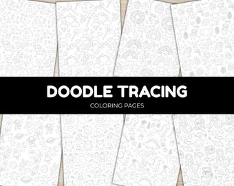 Puede incluir: Una colección de ocho páginas para colorear blancas con patrones de arte lineal negro de animales de granja, objetos mágicos, temas espaciales, personajes de Halloween, dinosaurios y sirenas, con el texto DOODLE TRACING COLORING PAGES.
