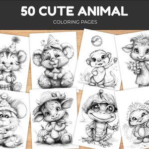 Cute animal grayscale coloring pages printable PDF featuring 50 adorable baby animals with realistic shaded illustrations, relaxing coloring book for kids, teens, adults, homeschool, classroom activities, instant digital download.